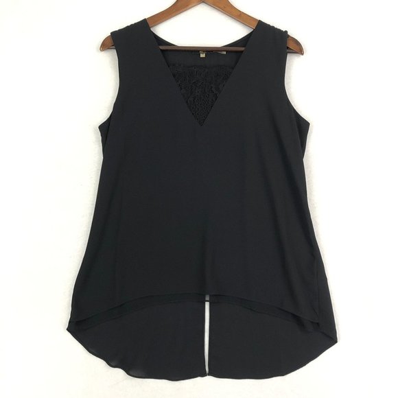 Milano Women's Size Medium Black Sleeveless Slit Back High Low Lace Trim Blouse - Picture 1 of 9